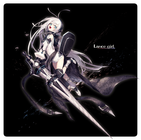 Anime picture 3011x2972 with ozyako single blush fringe highres breasts open mouth blue eyes simple background holding absurdres bent knee (knees) white hair very long hair black background girl gloves weapon boots chain