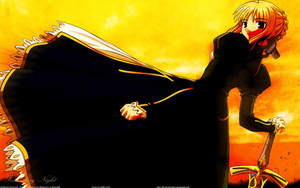 Anime picture 2560x1600 with fate (series) fate/stay night studio deen type-moon artoria pendragon (all) saber single fringe highres blonde hair smile wide image sky looking back from behind evening sunset girl weapon sword