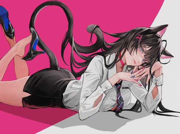 Anime picture 2048x1521 with original deadprince single long hair looking at viewer blush fringe highres black hair simple background animal ears payot tail lying blunt bangs long sleeves nail polish head tilt animal tail fingernails
