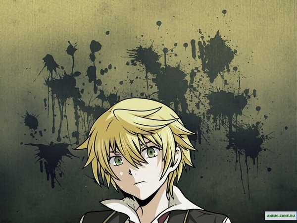 Anime picture 1024x768 with pandora hearts xebec oz vessalius single short hair blonde hair green eyes boy choker wall