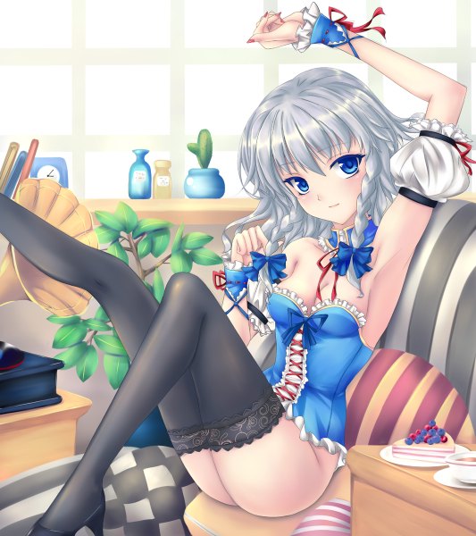 Anime picture 1066x1200 with touhou izayoi sakuya fred0092 single tall image short hair blue eyes light erotic cleavage silver hair braid (braids) legs twin braids girl thighhighs bow black thighhighs plant (plants) hair bow sweets
