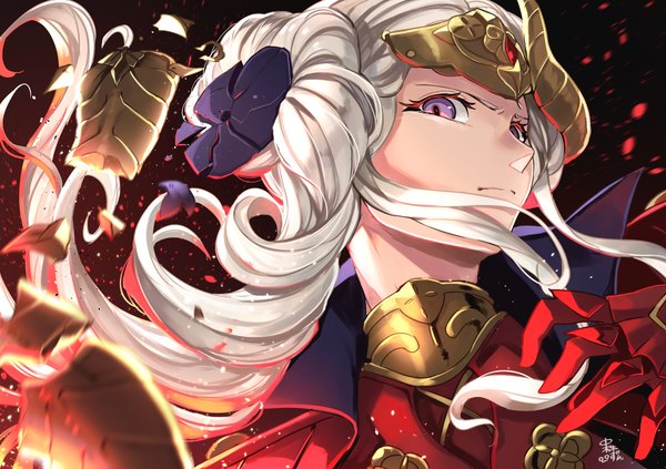 Anime picture 1254x885 with fire emblem fire emblem: three houses nintendo edelgard von hresvelg nakabayashi zun single long hair looking at viewer purple eyes signed silver hair horn (horns) floating hair face broken girl gloves red gloves forehead protector