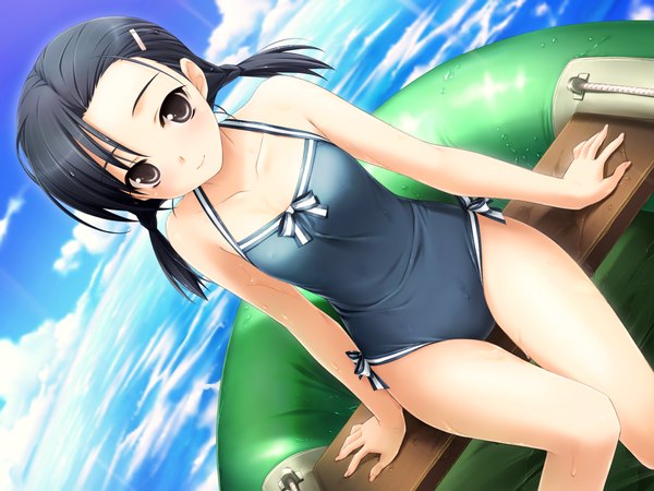 Anime picture 1600x1200 with yosuga no sora kuranaga kozue hashimoto takashi black hair wet swimsuit