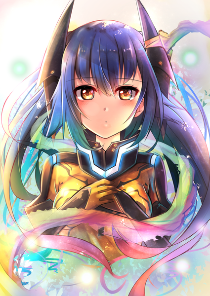 Anime picture 1003x1416 with phantasy star phantasy star online 2 sega quna (pso2) racket ti1 single long hair tall image looking at viewer blush fringe hair between eyes yellow eyes payot blue hair upper body multicolored hair hand on chest girl robot ears