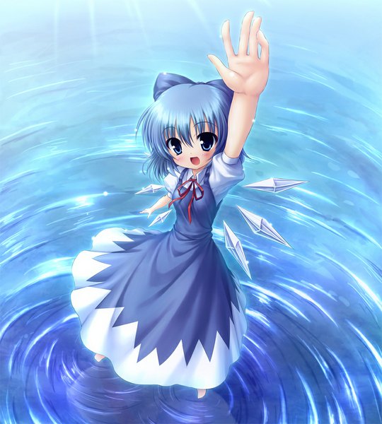 Anime picture 900x1000 with touhou cirno takeponi single tall image looking at viewer blush short hair open mouth blue eyes blue hair girl dress bow hair bow wings water ice