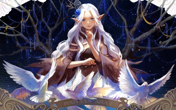 Anime picture 1400x875 with original pixiv fantasia pixiv fantasia t achyue single long hair looking at viewer blush blue eyes white hair hair flower pointy ears girl dress hair ornament flower (flowers) plant (plants) animal tree (trees) bird (birds)