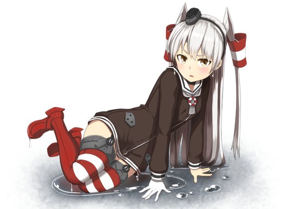 Anime picture 1200x860 with kantai collection amatsukaze destroyer nosuku single long hair looking at viewer blush sitting brown eyes silver hair wet two side up on side girl thighhighs dress hair ornament hat water shoes