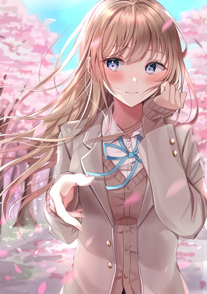 Anime picture 1443x2048 with original sakura (39ra) single long hair tall image looking at viewer blush fringe blue eyes smile brown hair standing payot sky outdoors long sleeves wind blurry cherry blossoms sleeves past wrists