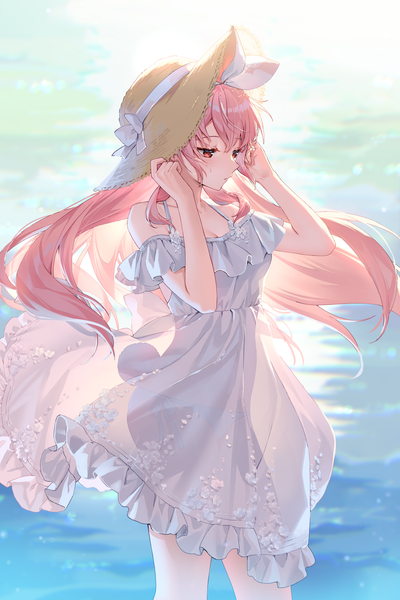 Anime picture 1920x2880 with virtual youtuber atelier live pinku (vtuber) rosuuri single long hair tall image blush fringe highres light erotic red eyes standing bare shoulders signed looking away pink hair outdoors wind sunlight