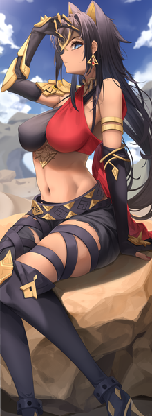 Anime picture 1816x4961 with genshin impact dehya (genshin impact) kidovie single long hair tall image looking at viewer fringe highres breasts blue eyes light erotic black hair smile hair between eyes large breasts sitting animal ears payot sky