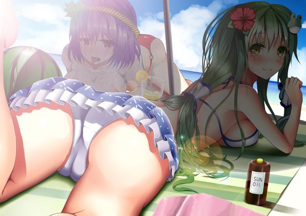 Anime picture 1700x1202 with touhou kochiya sanae yasaka kanako suika (atelier-yuu) long hair looking at viewer blush short hair light erotic smile red eyes multiple girls yellow eyes purple hair lying hair flower green hair beach girl hair ornament