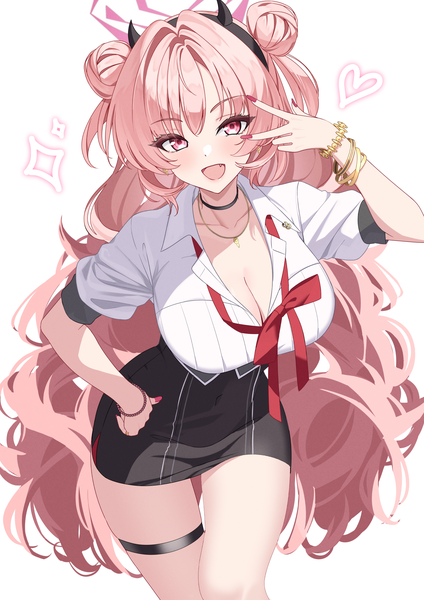 Anime-Bild 1412x2000 mit blue archive kirara (blue archive) sutoroa single long hair tall image looking at viewer fringe breasts open mouth light erotic simple background hair between eyes large breasts white background pink hair cleavage nail polish :d pink eyes