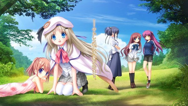 Anime picture 2384x1342 with little busters! key (studio) noumi kudryavka futaki kanata a-chan senpai arizuki shiina himuro yuuki na-ga long hair looking at viewer highres blue eyes black hair brown hair wide image purple eyes multiple girls yellow eyes white hair loli