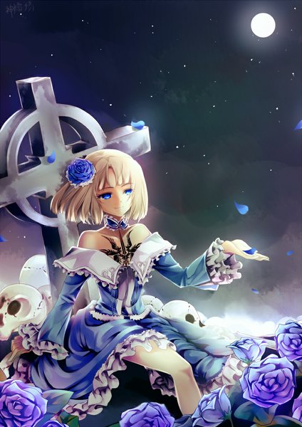 Anime picture 800x1131 with fate (series) fate/prototype type-moon sajou manaka willfin single tall image short hair blue eyes blonde hair sitting hair flower night tattoo girl dress hair ornament flower (flowers) petals moon