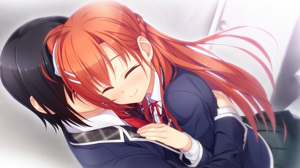 Anime picture 2560x1440 with omokage ichinose minato long hair blush fringe highres short hair black hair smile wide image game cg red hair eyes closed couple hug no face faceless male girl boy uniform