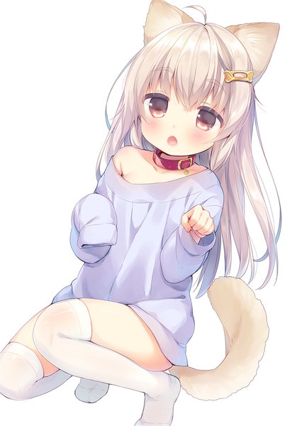 Anime picture 800x1192 with original usashiro mani single long hair tall image looking at viewer blush fringe open mouth blonde hair hair between eyes sitting bare shoulders animal ears payot ahoge bent knee (knees) tail long sleeves animal tail