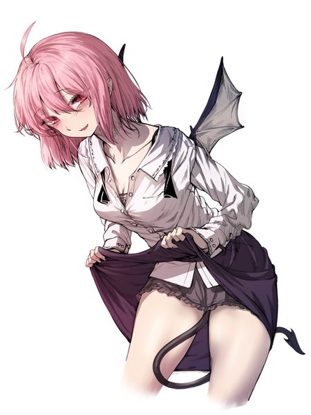 Anime picture 600x800 with touhou koakuma geppewi single tall image looking at viewer blush fringe short hair light erotic simple background red eyes white background pink hair tail leaning leaning forward skirt lift alternate hairstyle open collar