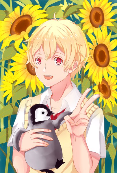 Anime picture 1181x1748 with free! kyoto animation hazuki nagisa duzie e single tall image looking at viewer fringe short hair open mouth blonde hair hair between eyes red eyes upper body ahoge victory boy uniform flower (flowers) school uniform