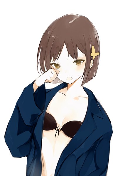 Anime picture 600x844 with original lpip single tall image looking at viewer blush fringe short hair open mouth light erotic simple background brown hair white background brown eyes upper body long sleeves open clothes wide sleeves bob cut girl