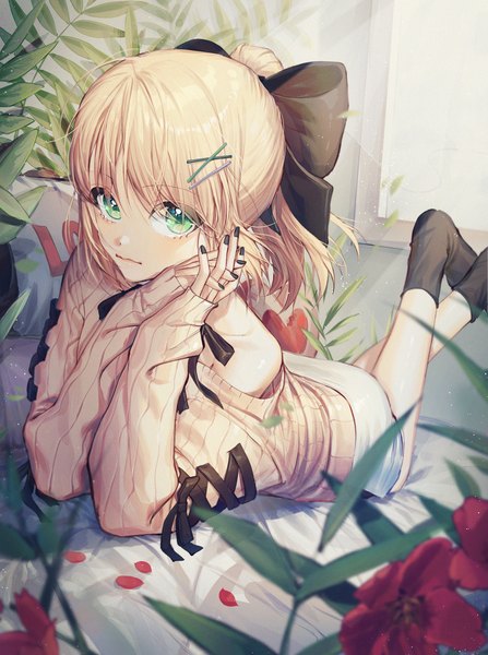 Anime picture 1748x2343 with fate (series) fate/unlimited codes artoria pendragon (all) saber lily kellymonica02 single long hair tall image looking at viewer fringe highres blonde hair hair between eyes green eyes ponytail indoors lying nail polish off shoulder sleeves past wrists