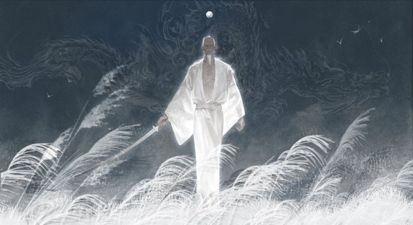 Anime picture 2048x1116 with sekiro: shadows die twice from software isshin ashina mantangfeng single highres short hair wide image standing wide sleeves old man boy weapon plant (plants) sword moon full moon beard susuki grass