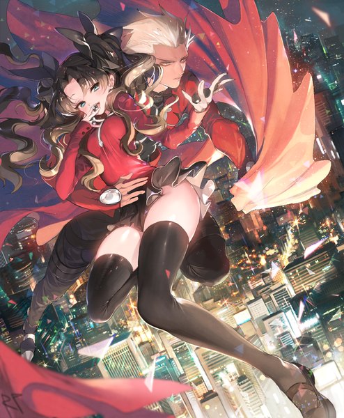 Anime picture 760x923 with fate (series) fate/stay night type-moon toosaka rin archer (fate) repi987 long hair tall image blush short hair brown hair twintails signed looking away silver hair city cityscape city lights broken glass girl