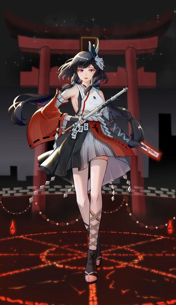 Anime-Bild 5778x10010 mit punishing: gray raven selena (punishing: gray raven) liunian single long hair tall image looking at viewer highres black hair standing purple eyes twintails holding absurdres full body traditional clothes japanese clothes wide sleeves low twintails official alternate costume
