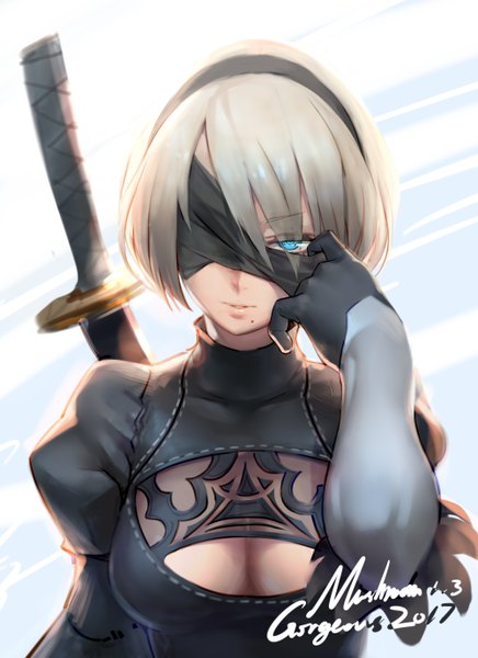 Anime picture 4000x5500 with nier nier:automata yorha no. 2 type b gorgeous mushroom single tall image looking at viewer fringe highres short hair breasts blue eyes light erotic simple background hair between eyes white background signed absurdres cleavage upper body