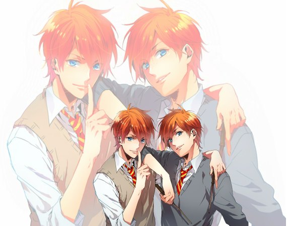 Anime picture 1280x960 with harry potter fred weasley george weasley nakagawa waka short hair blue eyes simple background white background light smile orange hair multiple boys hug finger to mouth siblings zoom layer twins freckles brothers boy uniform