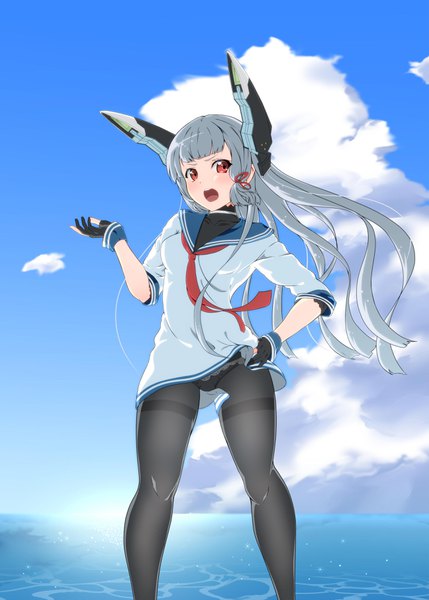 Anime picture 2591x3624 with kantai collection murakumo destroyer jito mesuki nitouhei single long hair tall image looking at viewer blush fringe highres open mouth light erotic red eyes standing sky silver hair cloud (clouds) blunt bangs wind legs