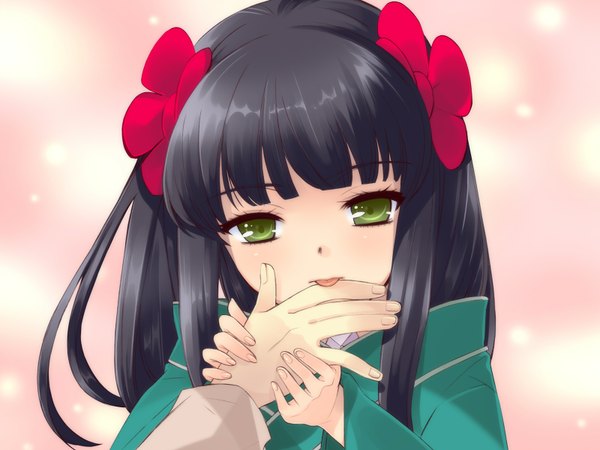 Anime picture 1600x1200 with alice parade yaname (alice parade) itou noiji long hair looking at viewer black hair green eyes game cg traditional clothes japanese clothes licking girl bow hair bow kimono hand