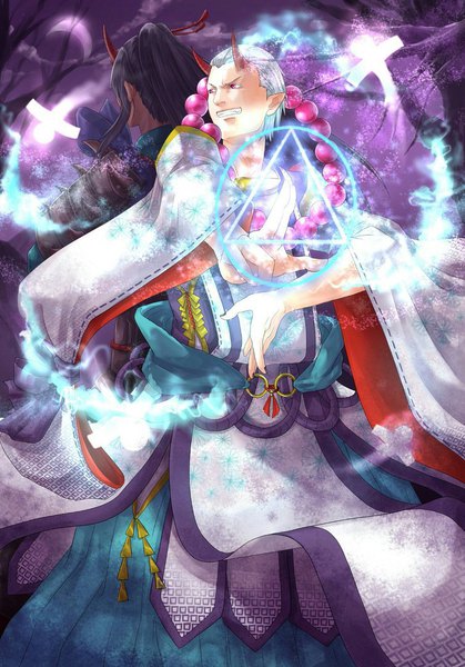 Anime picture 754x1080 with naruto studio pierrot naruto (series) hidan kakuzu r kuki wakame long hair tall image black hair purple eyes silver hair ponytail traditional clothes japanese clothes horn (horns) from behind night multiple boys magic hands clasped