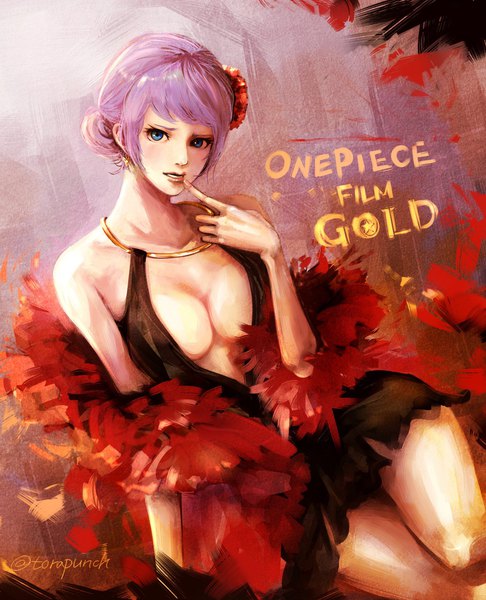 Anime picture 1660x2048 with one piece one piece film: gold toei animation carina (one piece) torapunch single tall image looking at viewer blush fringe short hair breasts blue eyes light erotic large breasts sitting bare shoulders signed cleavage purple hair