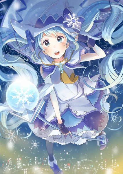 Anime picture 1240x1750 with vocaloid suki! yuki! maji magic (vocaloid) hatsune miku yuki miku yuki miku (2014) kana (okitasougo222) single tall image looking at viewer blush fringe open mouth twintails holding very long hair from above teeth sparkle magic snowing