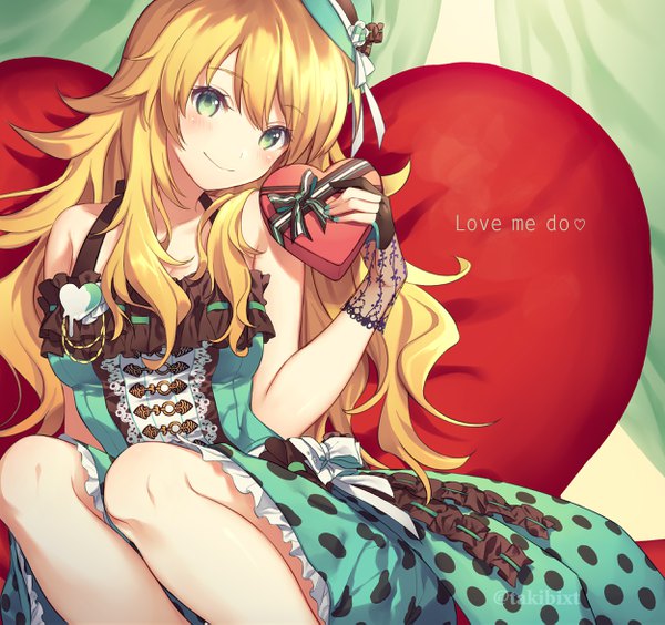 Anime picture 2500x2350 with idolmaster idolmaster (classic) hoshii miki takibixt single long hair looking at viewer blush fringe highres blonde hair smile hair between eyes sitting bare shoulders holding green eyes signed payot bent knee (knees)
