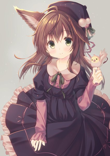 Anime picture 627x885 with original misaki yuu (dstyle) single long hair tall image looking at viewer fringe simple background smile hair between eyes brown hair green eyes animal ears ahoge grey background fox ears fox girl sleeves past wrists cute bird on hand