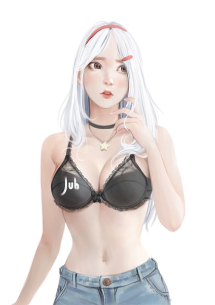 Anime picture 1920x2716 with original mio (jubi) jubi (regiana) single long hair tall image highres light erotic white background brown eyes signed looking away silver hair upper body parted lips arm up fingernails realistic long fingernails no glasses
