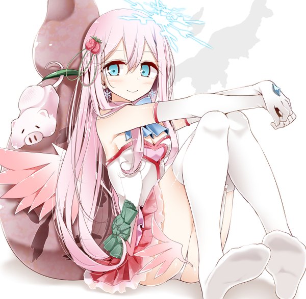 Anime picture 1300x1273 with original oouso (usotsukiya) single long hair blush light erotic pink hair aqua eyes light smile pantyshot no shoes pantyshot sitting pov feet girl thighhighs dress gloves hair ornament underwear panties