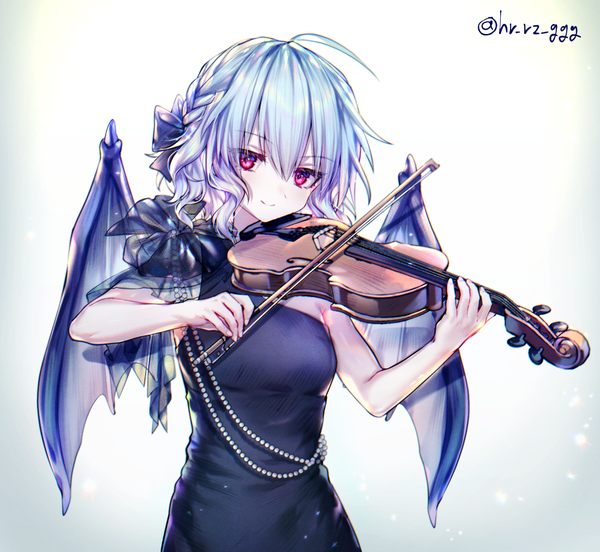 Anime picture 1100x1012 with touhou remilia scarlet here (hr rz ggg) single looking at viewer fringe short hair hair between eyes signed silver hair upper body ahoge pink eyes twitter username bat wings playing instrument girl dress wings black dress
