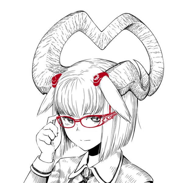 Anime picture 900x960 with original jaco single tall image looking at viewer fringe short hair simple background white background white hair horn (horns) monochrome adjusting glasses spot color girl glasses
