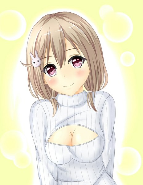 Anime picture 619x800 with tear yu single tall image looking at viewer blush fringe short hair light erotic simple background smile cleavage pink eyes grey hair girl hair ornament hairclip turtleneck open-chest turtleneck