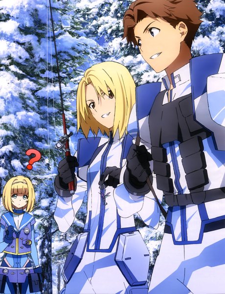 Anime picture 3142x4094 with heavy object j.c. staff milinda brantini qwenthur barbotage havia winchell tall image looking at viewer fringe highres short hair breasts blue eyes blonde hair brown hair holding brown eyes looking away absurdres outdoors parted lips