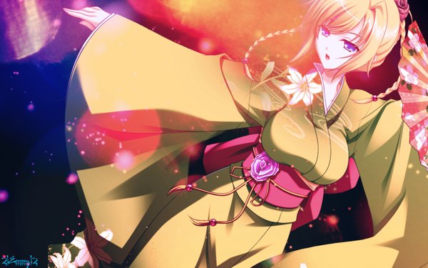 Anime picture 1680x1050 with 21emmz12 (artist) single short hair open mouth blue eyes blonde hair wide image signed braid (braids) japanese clothes girl flower (flowers) belt kimono fan
