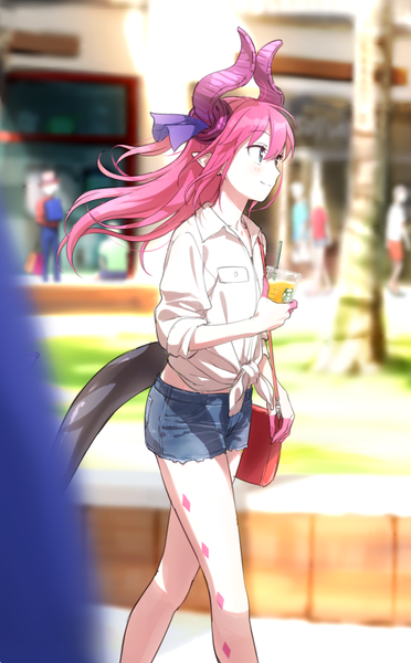 Anime picture 543x875 with fate (series) fate/grand order fate/extra fate/extra ccc starbucks elizabeth bathory (fate) (all) elizabeth bathory (fate) karna (fate) kinosuke (sositeimanoga) long hair tall image blush fringe smile hair between eyes looking away pink hair tail profile horn (horns)