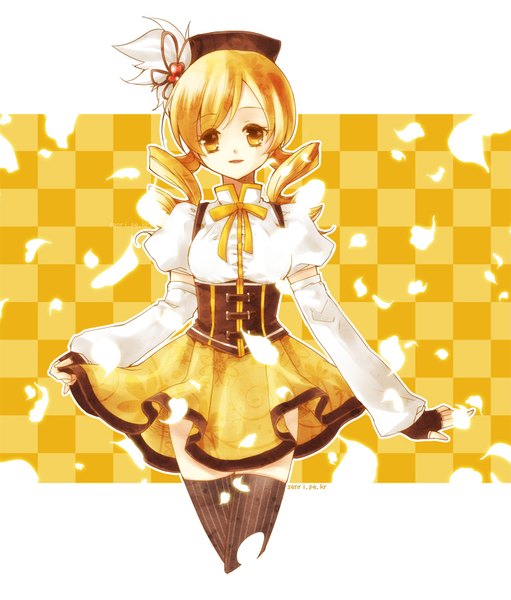Anime picture 700x822 with mahou shoujo madoka magica shaft (studio) tomoe mami senri (nazerine) single long hair tall image looking at viewer blonde hair standing twintails yellow eyes puffy sleeves low twintails drill hair outside border checkered checkered background girl thighhighs