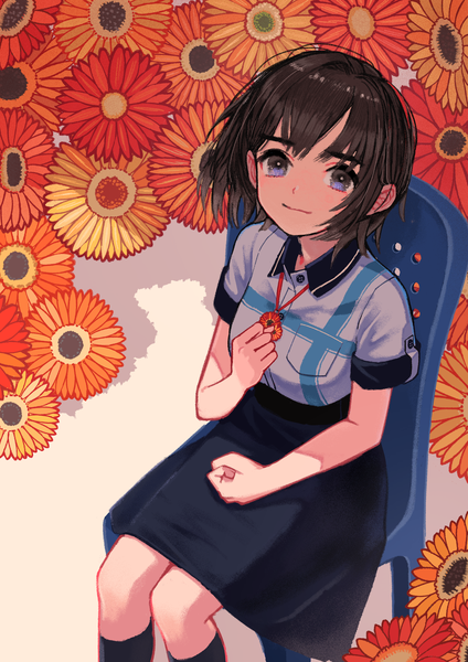 Anime picture 1447x2047 with original kaneni single tall image looking at viewer short hair blue eyes brown hair sitting from above light smile floral background girl flower (flowers) chair fist