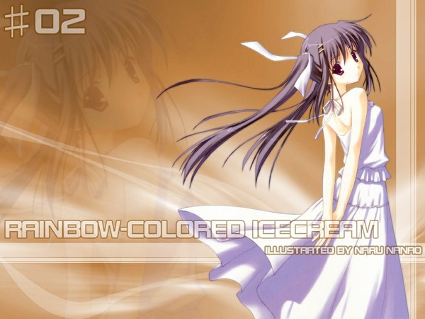 Anime picture 1024x768 with rainbow colored icecream nanao naru single long hair looking at viewer fringe black hair hair between eyes red eyes standing signed from behind copyright name hands behind back zoom layer girl dress ribbon (ribbons) hair ribbon white dress