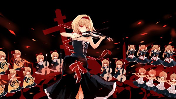 Anime picture 1280x719 with touhou alice margatroid shanghai lanwee single blush short hair blonde hair red eyes wide image bare shoulders music girl skirt hair ornament ribbon (ribbons) choker frills hairband cross