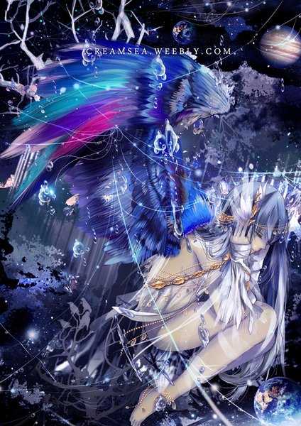 Anime picture 724x1024 with original creamsea single long hair tall image fringe light erotic hair between eyes bare shoulders signed blue hair bent knee (knees) eyes closed barefoot night bare legs leaning no shoes night sky covering