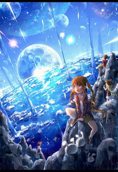 Anime picture 1000x1452 with original ayakashi (monkeypanch) long hair tall image short hair blonde hair brown hair sitting twintails multiple girls brown eyes looking away cloud (clouds) landscape fantasy scenic pointing girl boy animal